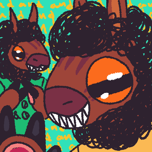 A digital drawing of two mes grinning at the viewer.