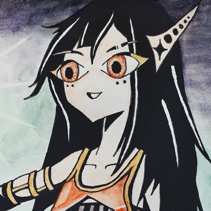 an ink and watercolor portrait of a friendly punk woman with long black hair . she's standing in the fog wearing a red and gold outfit .